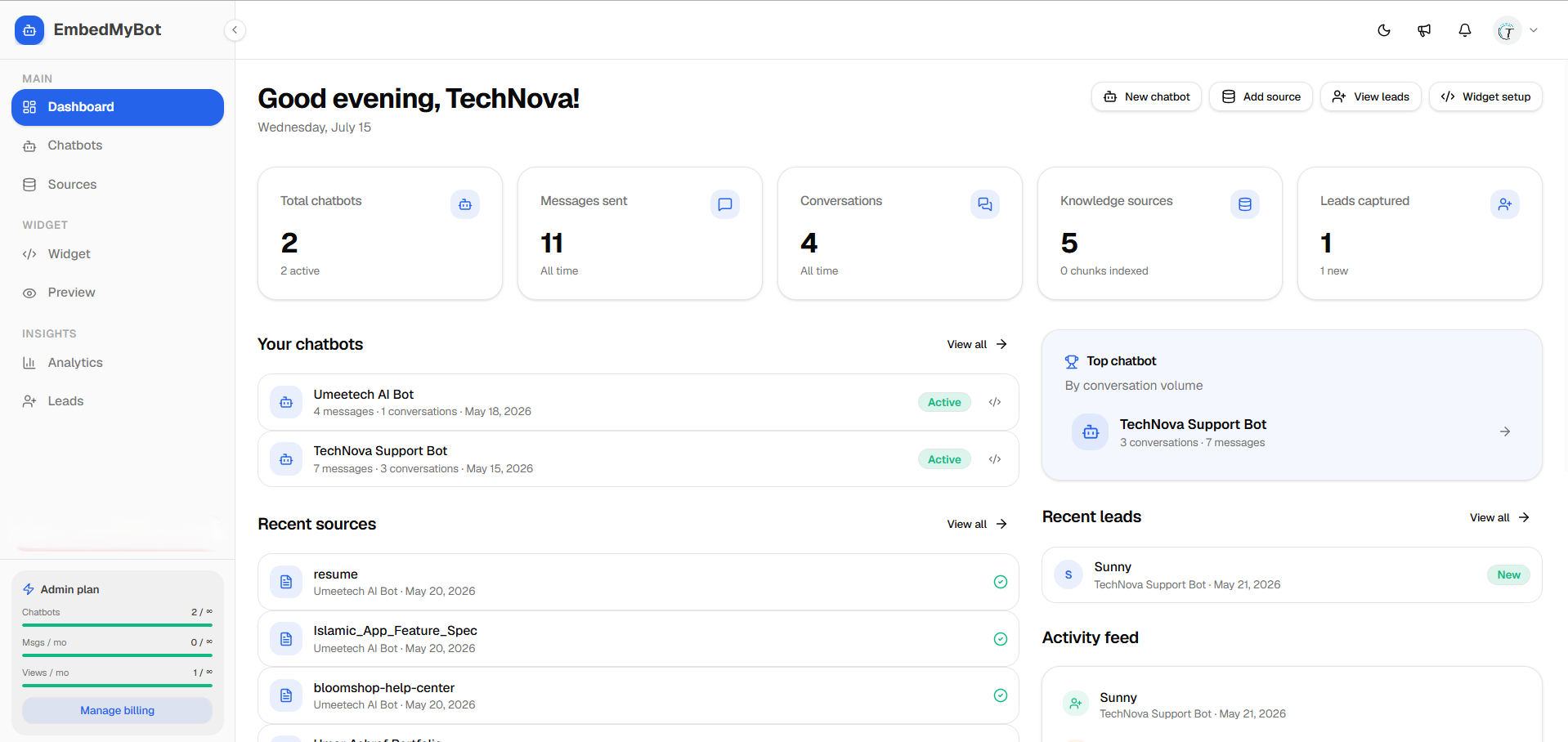 The EmbedMyBot dashboard