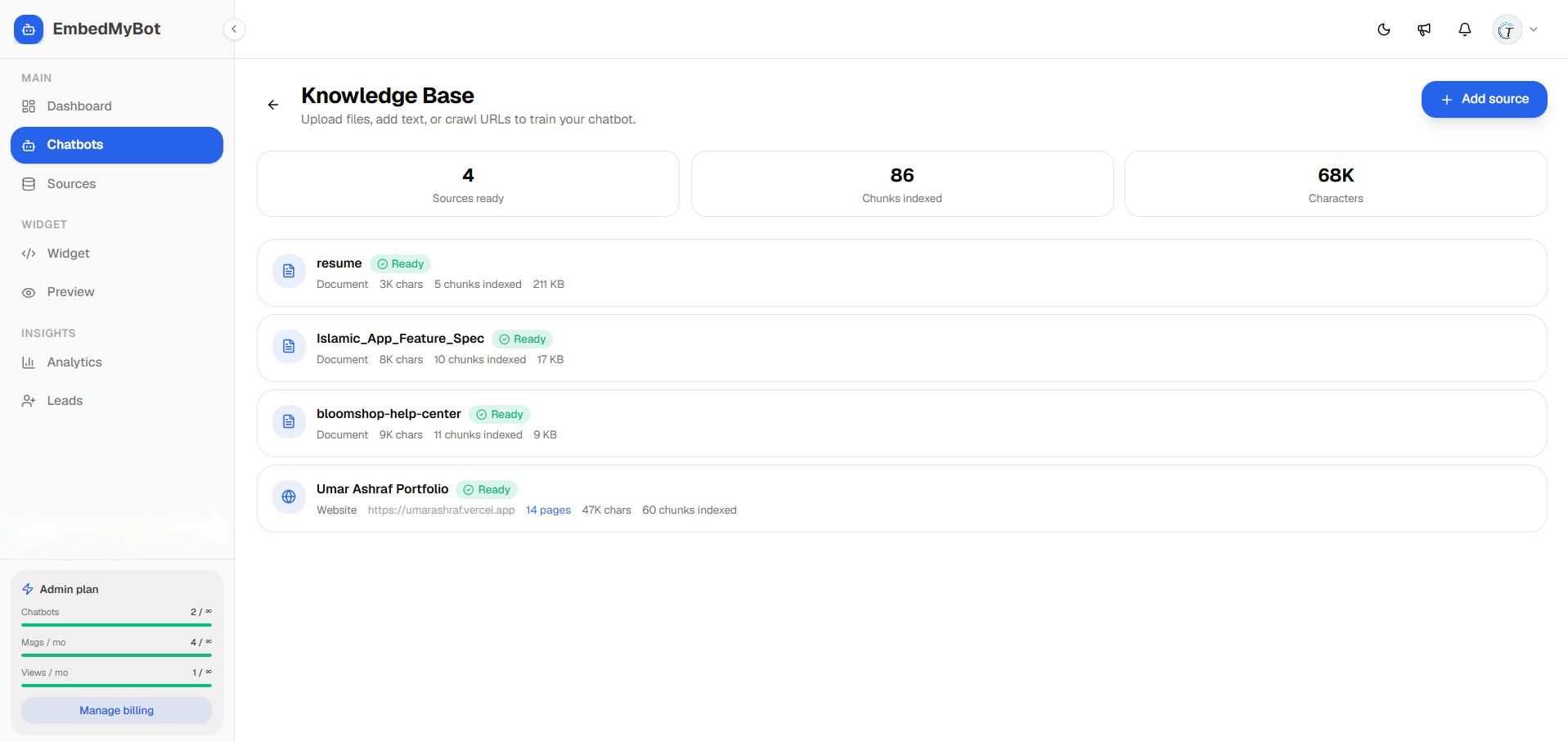Managing knowledge sources in the dashboard